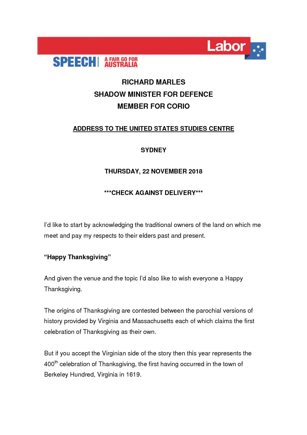 18.11.22 ADDRESS TO THE UNITED STATES STUDIES CENTRE