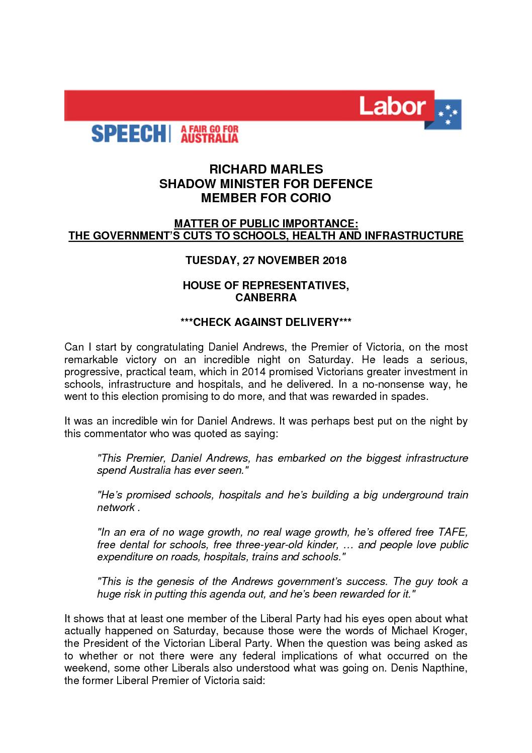 18.11.27 MATTERS OF PUBLIC IMPORTANCE
