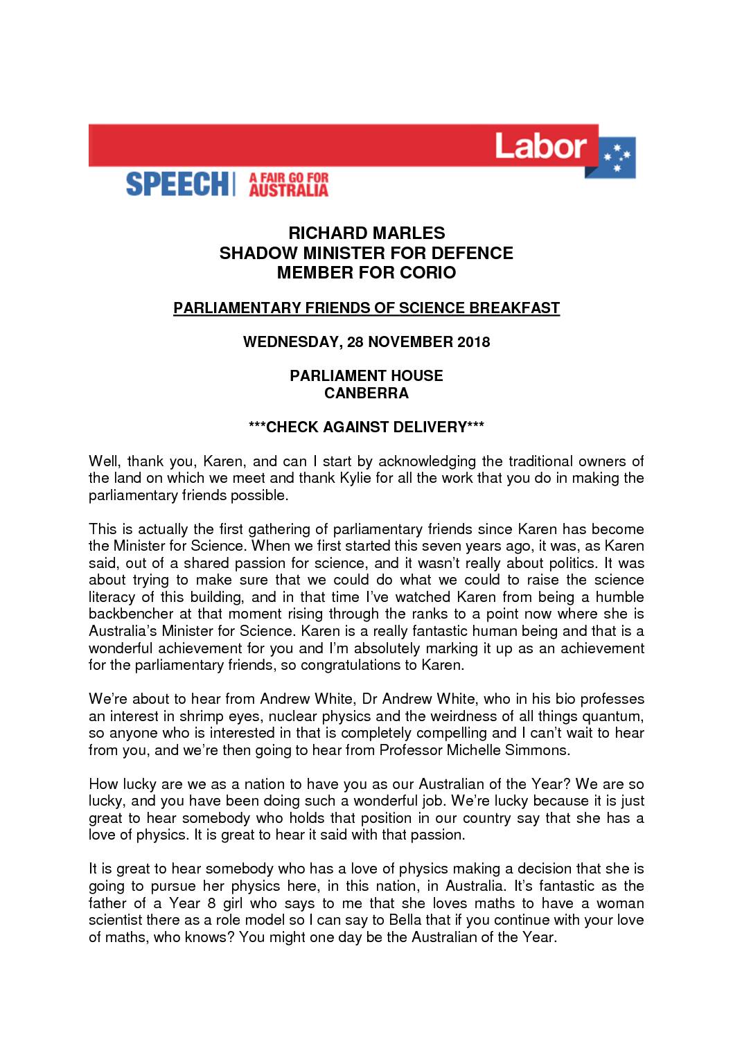 18.11.28 SPEECH – Parliamentary friends of science