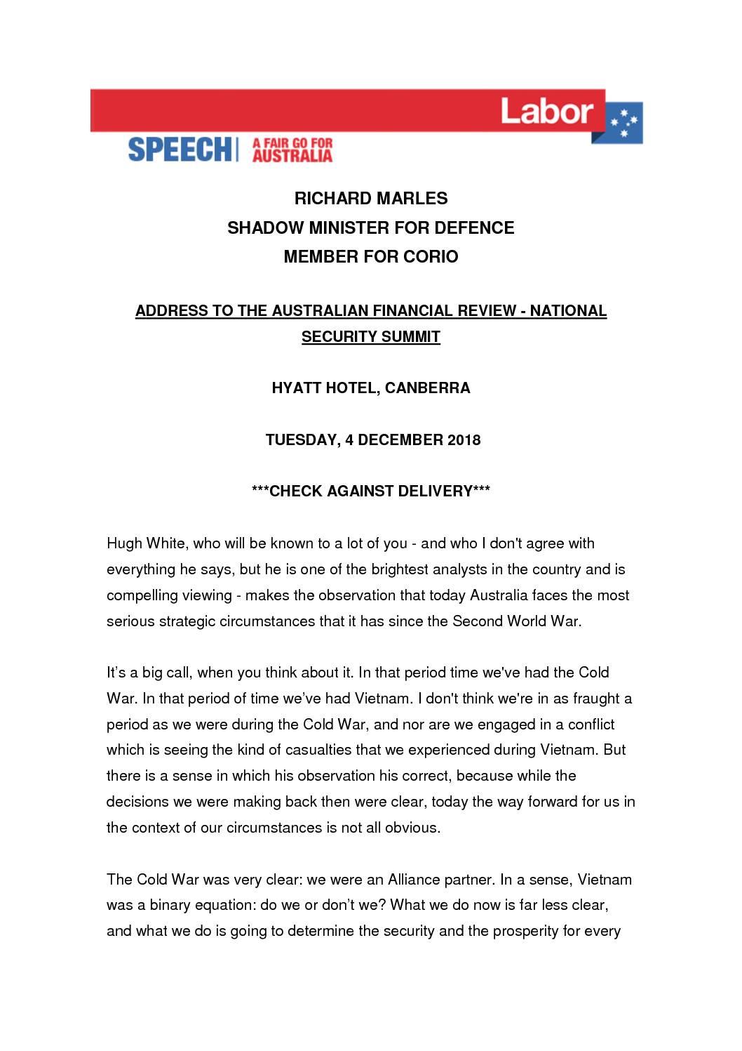 18.12.04 ADDRESS TO THE AUSTRALIAN FINANCIAL REVIEW – NATIONAL SECURITY SUMMIT