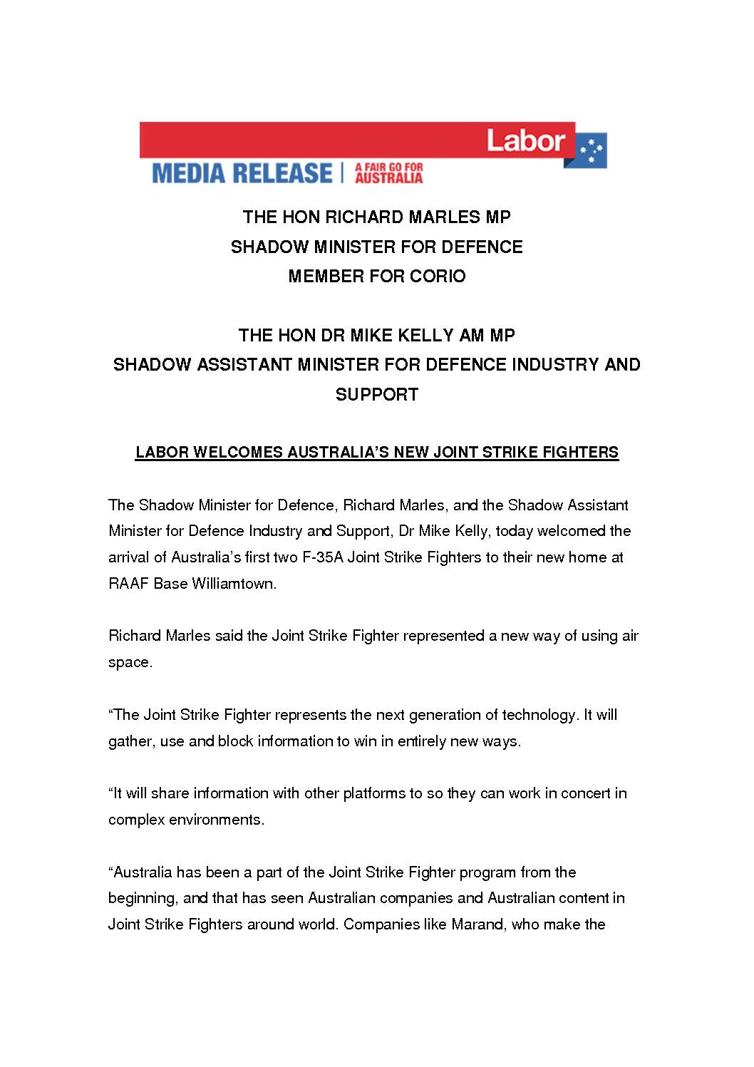 18.12.10 LABOR WELCOMES AUSTRALIAS NEW JOINT STRIKE FIGHTERS