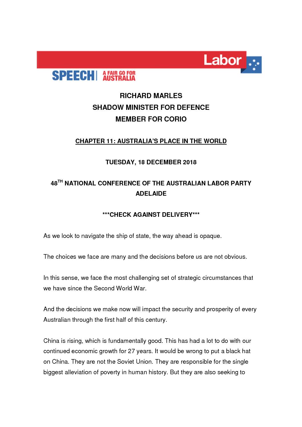 18.12.18 48TH NATIONAL CONFERENCE OF THE ALP – CHAPTER 11 – AUSTRALIAS PLACE IN THE WORLD