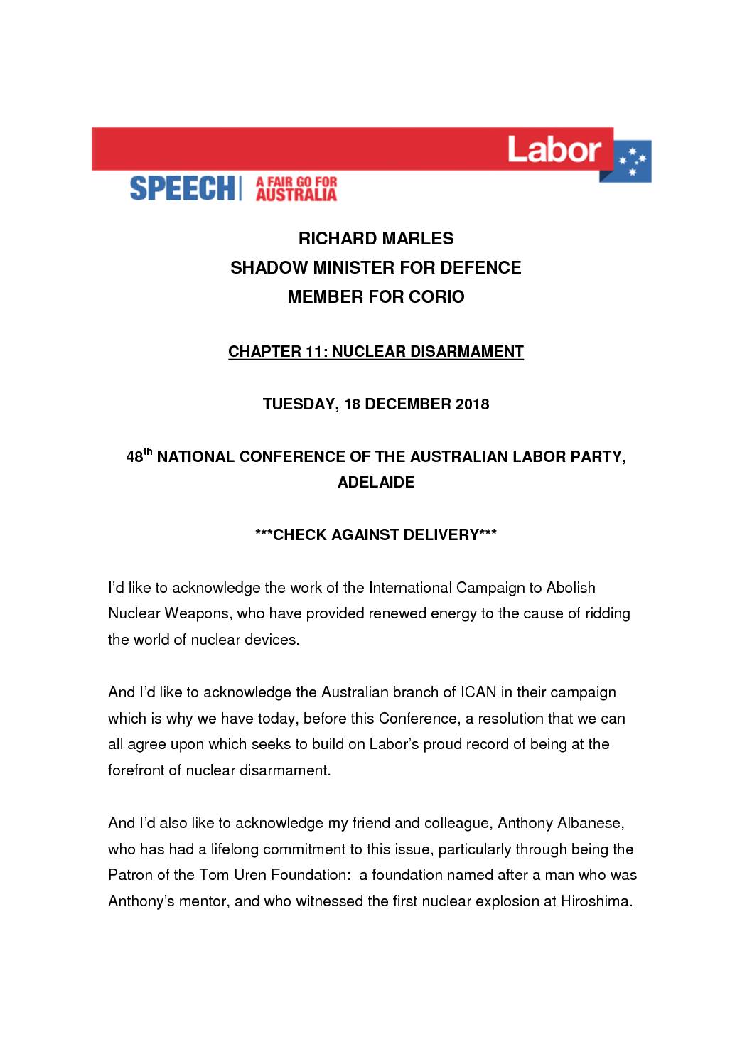 18.12.18 48TH NATIONAL CONFERENCE OF THE ALP – CHAPTER 11 – NUCLEAR DISARMAMENT