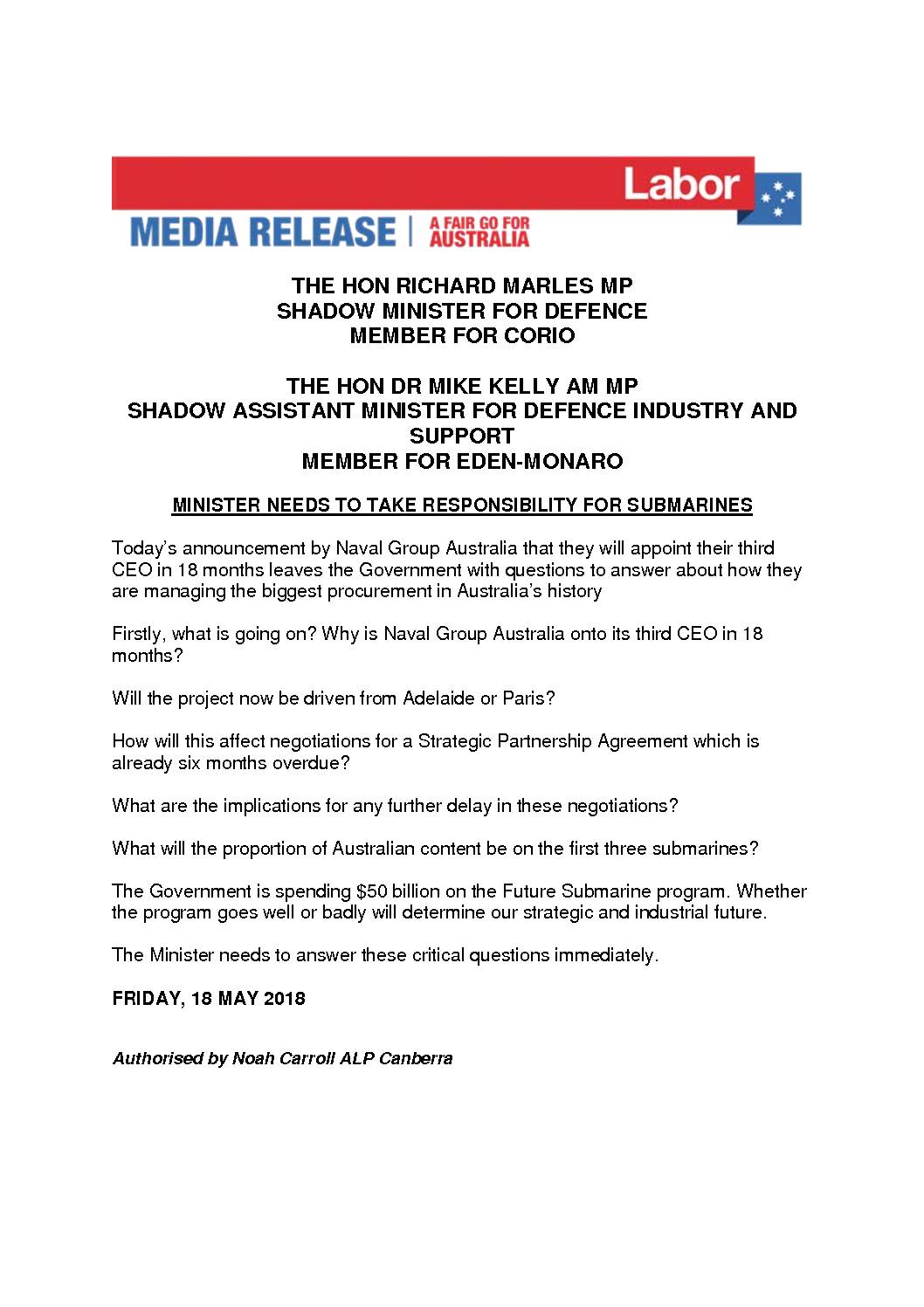 18.5.18 Minister needs to take responsibility for submarines