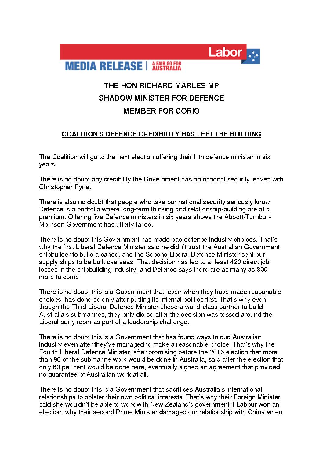 19.03.02 COALITIONS DEFENCE CREDIBILITY HAS LEFT THE BUILDING