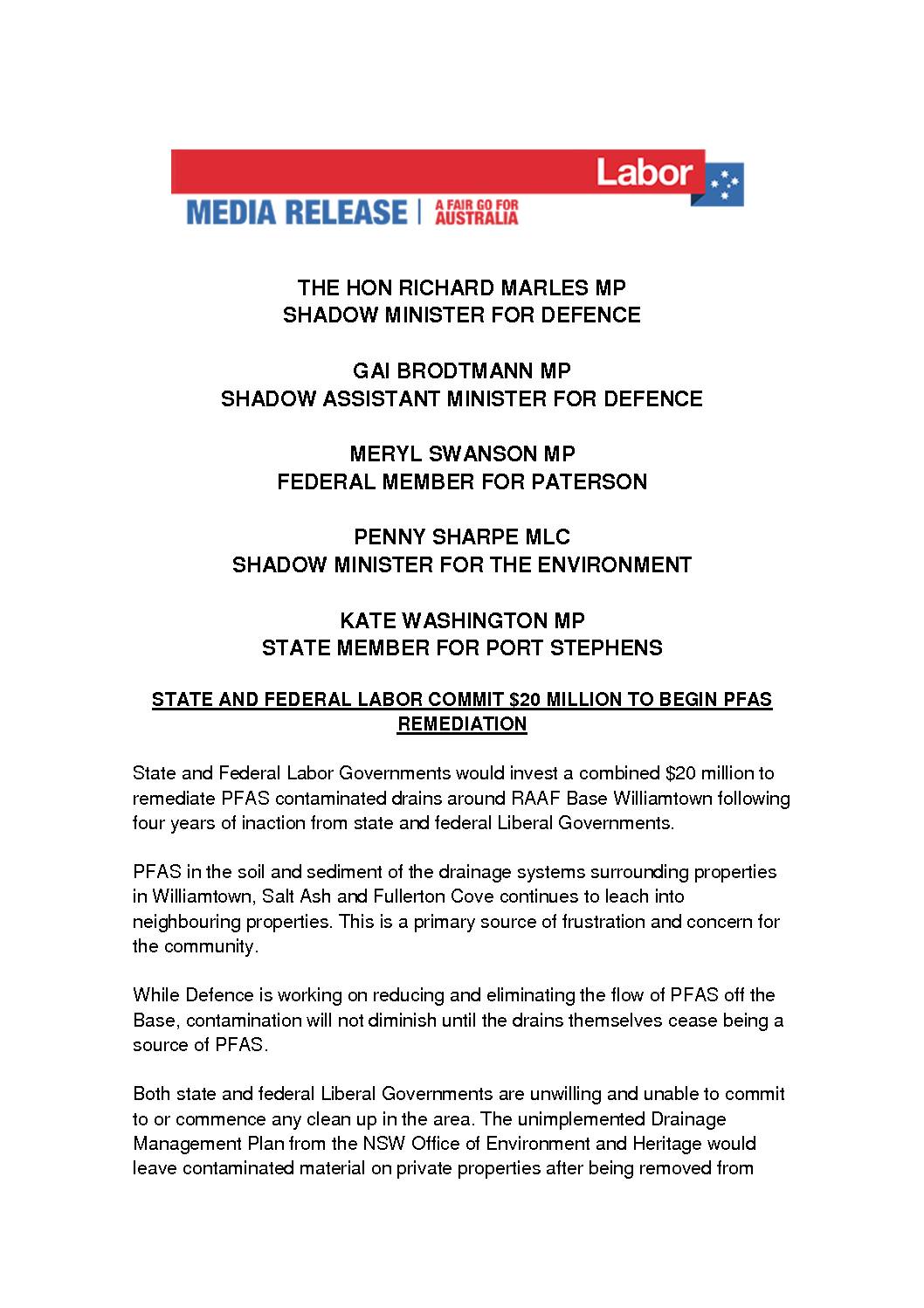 19.03.14 STATE AND FEDERAL LABOR COMMIT $20M TO BEGIN PFAS REMEDIATION