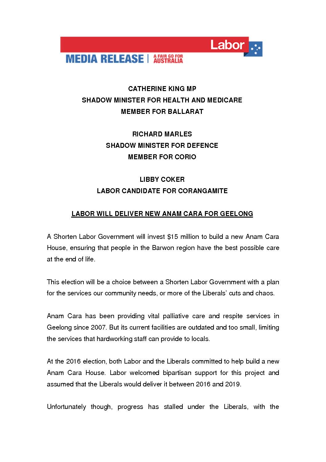 19.04.27 LABOR WILL DELIVER NEW ANAM CARA FOR GEELONG