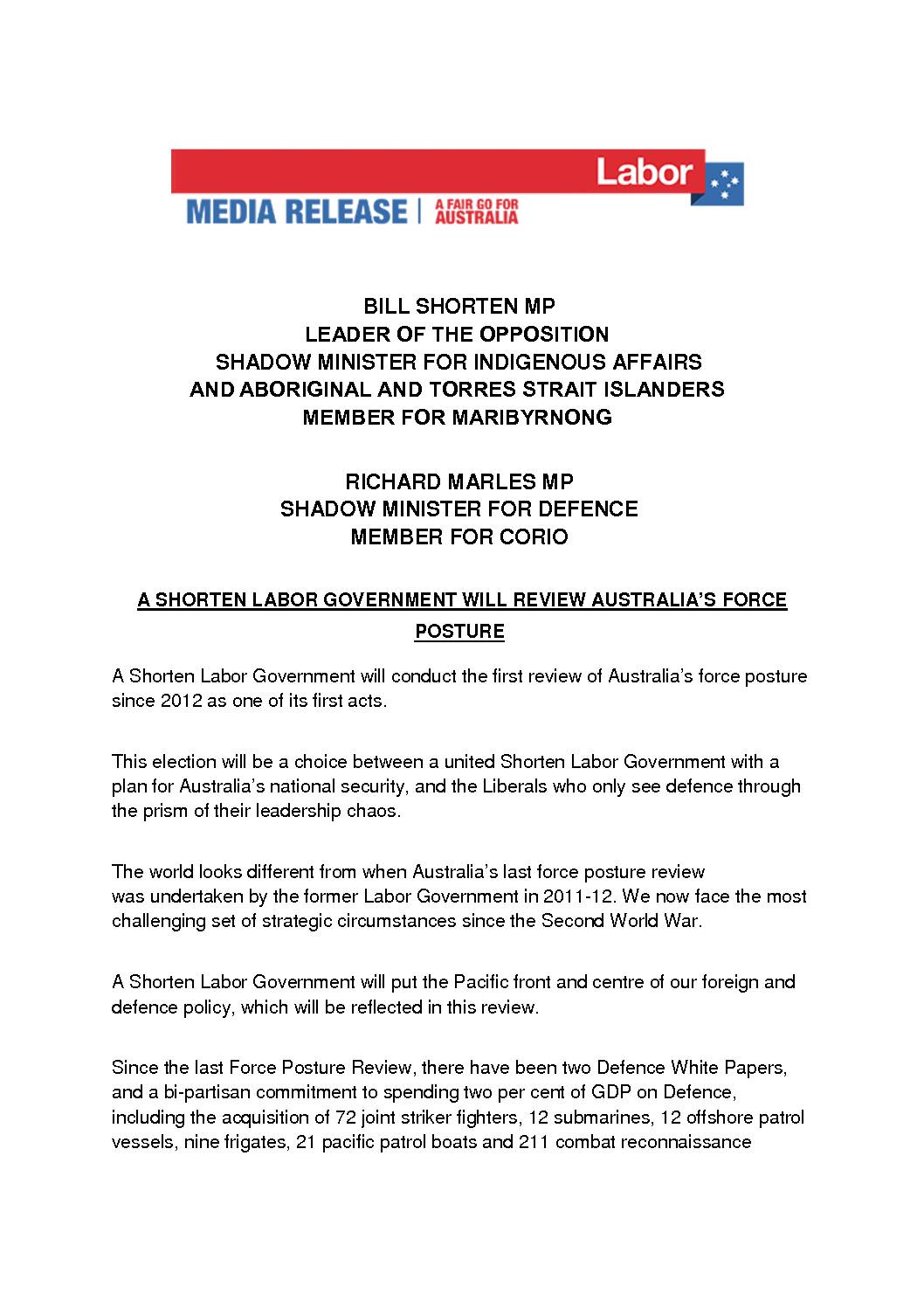 19.04.30 A SHORTEN LABOR GOVERNMENT WILL REVIEW AUSTRALIA’S FORCE POSTURE