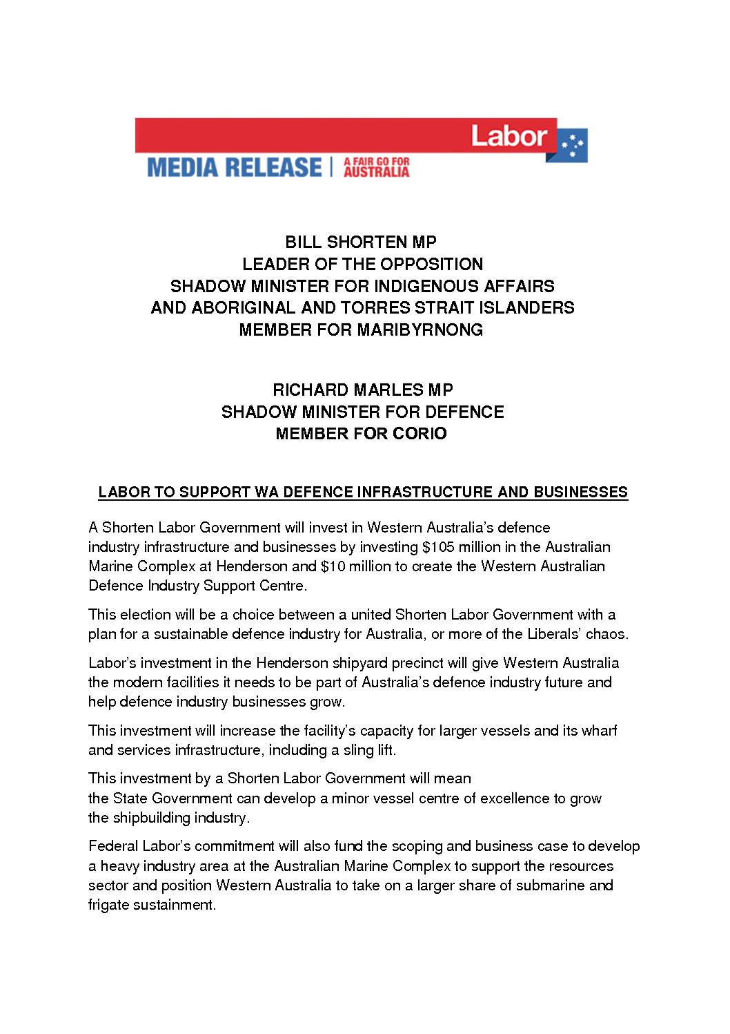 19.04.30 LABOR TO SUPPORT WA DEFENCE INFRASTRUCTURE AND BUSINESSES