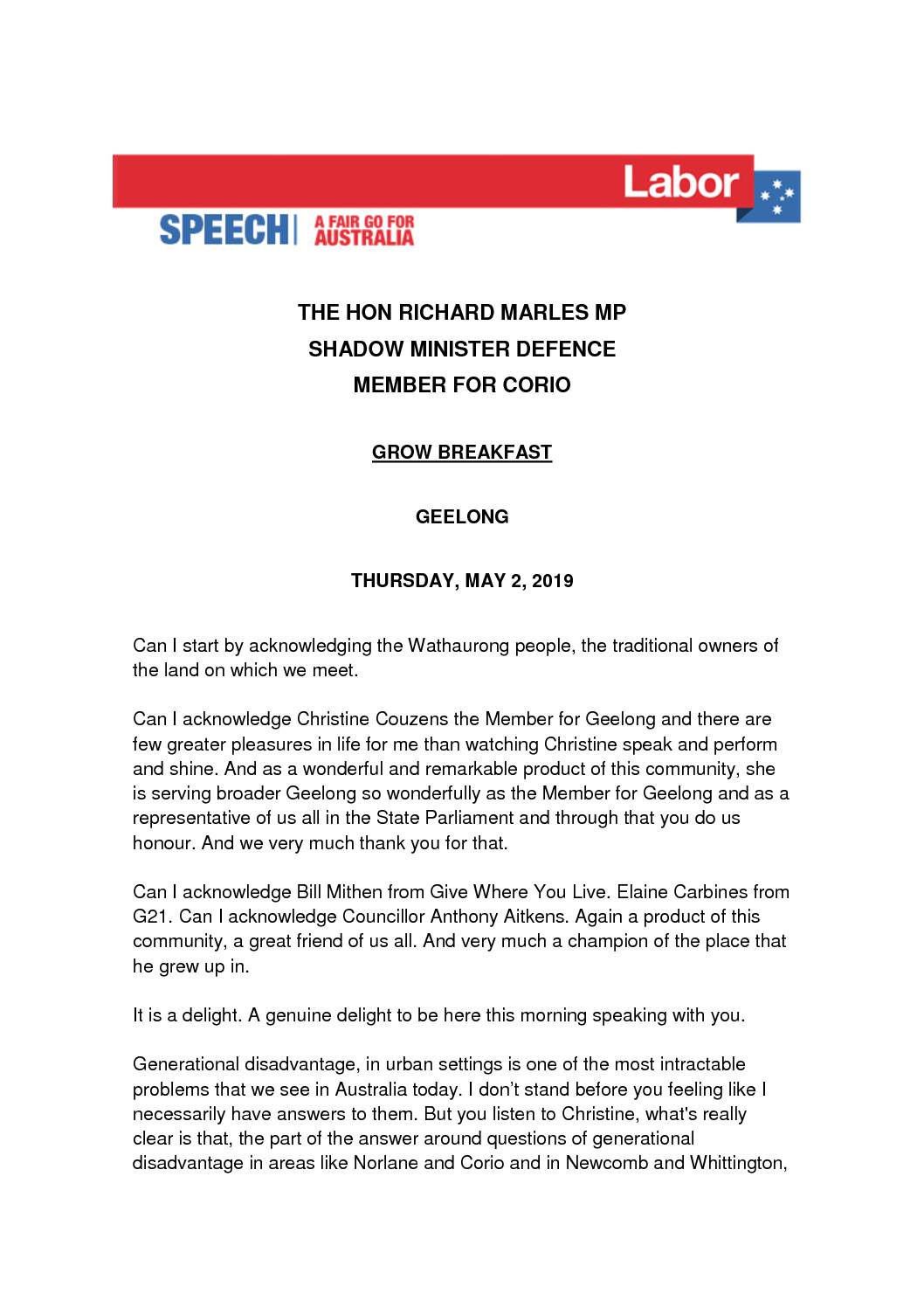 19.05.02 GROW BREAKFAST- GEELONG – SPEECH