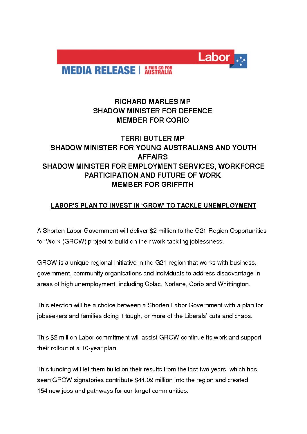 19.05.02 LABORS PLAN TO INVEST IN ‘GROW’ TO TACKLE UNEMPLOYMENT