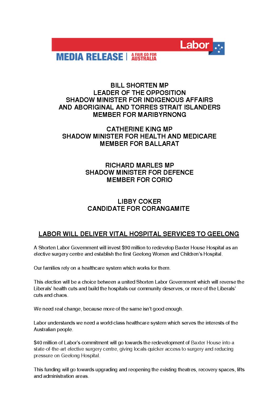 19.05.07 LABOR WILL DELIVER VITAL HOSPITAL SERVICES TO GEELONG