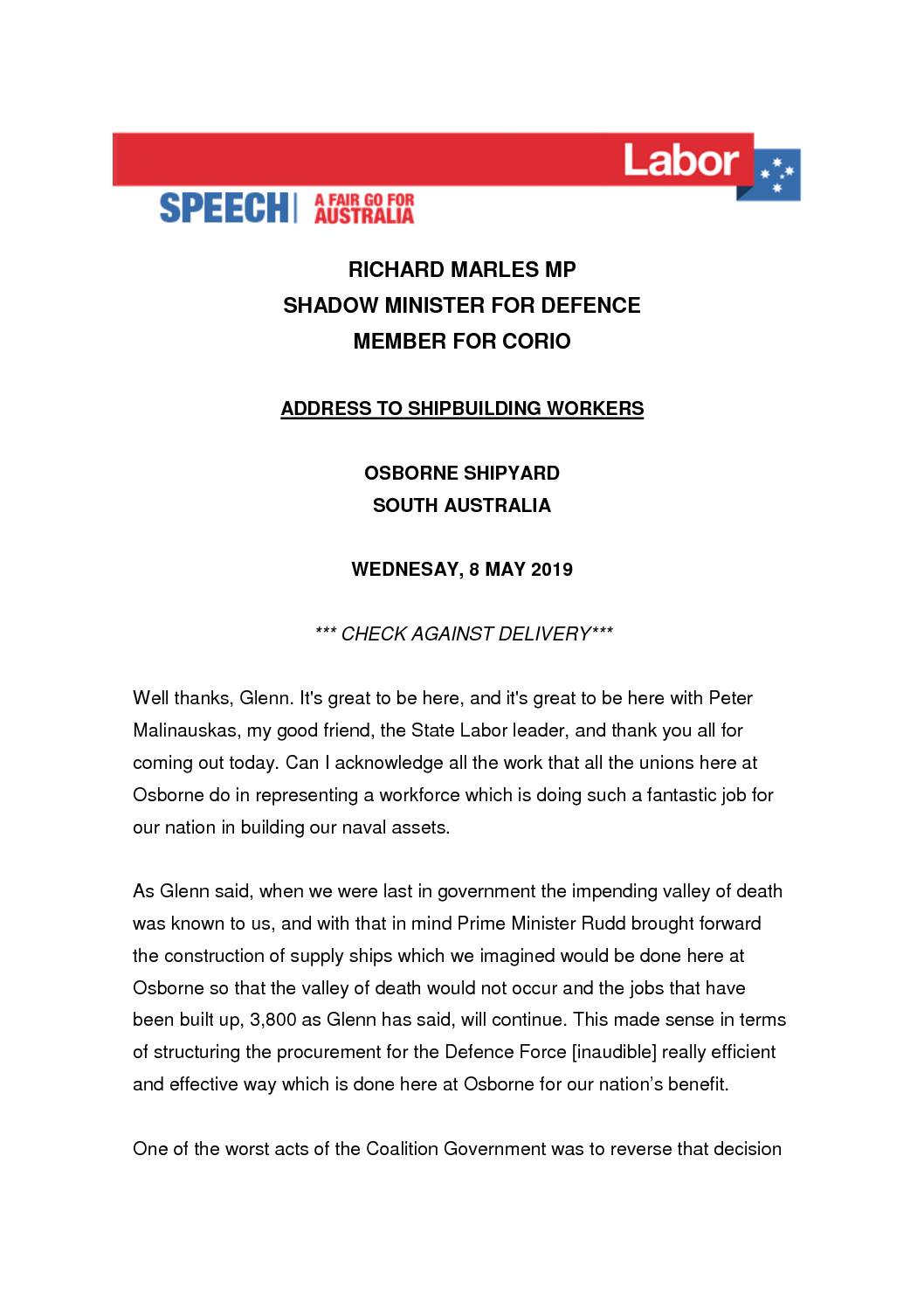 19.05.08 ADDRESS TO SHIPBUILDING WORKERS – OSBOURNE SHIPYARD SOUTH AUSTRALIA