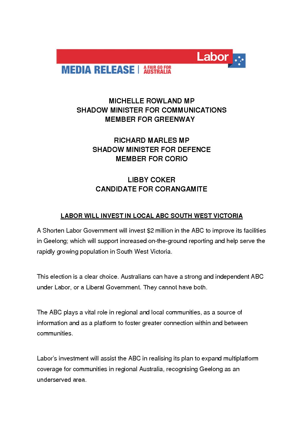 19.05.10 LABOR WILL INVEST IN LOCAL ABC SOUTH WEST VICTORIA