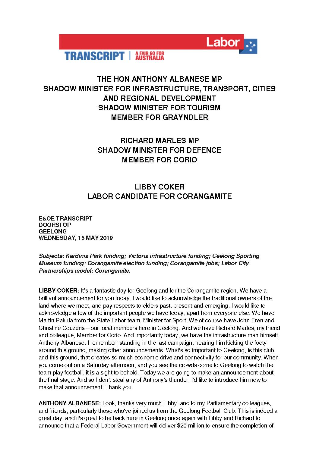 19.05.15 DOORSTOP GEELONG – TRANSCRIPT