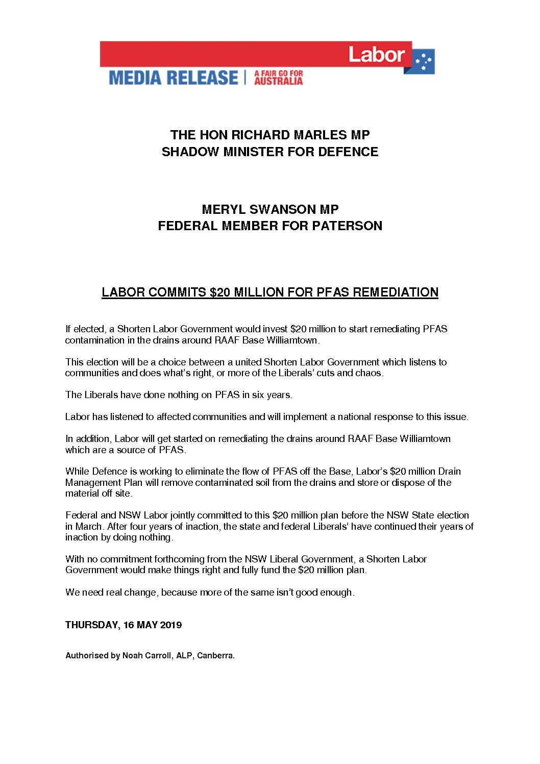 19.05.16 LABOR COMMITS $20 MILLION FOR PFAS REMEDIATION