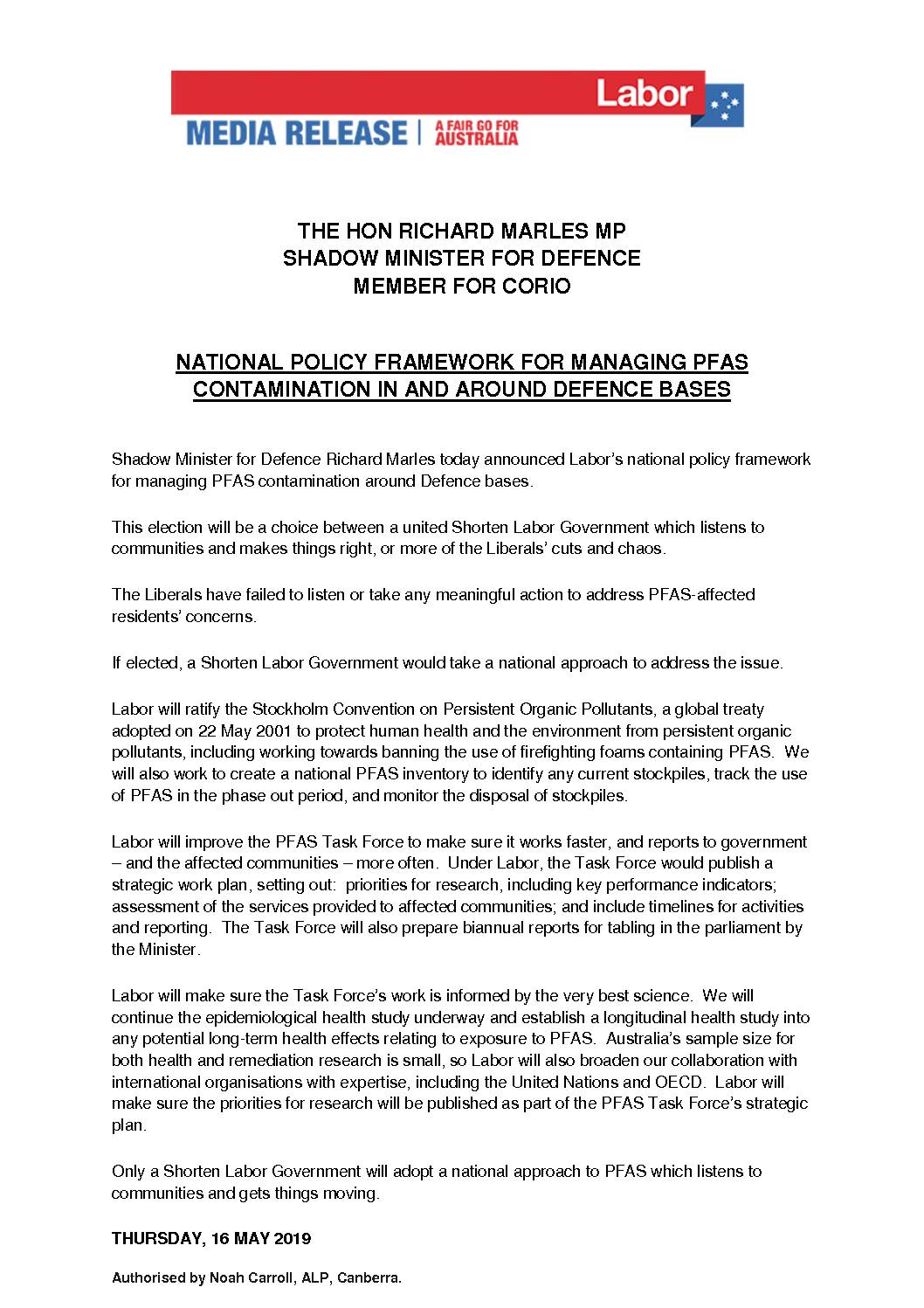 19.05.16 NATIONAL POLICY FRAMEWORK FOR MANAGING PFAS CONTAMINATION