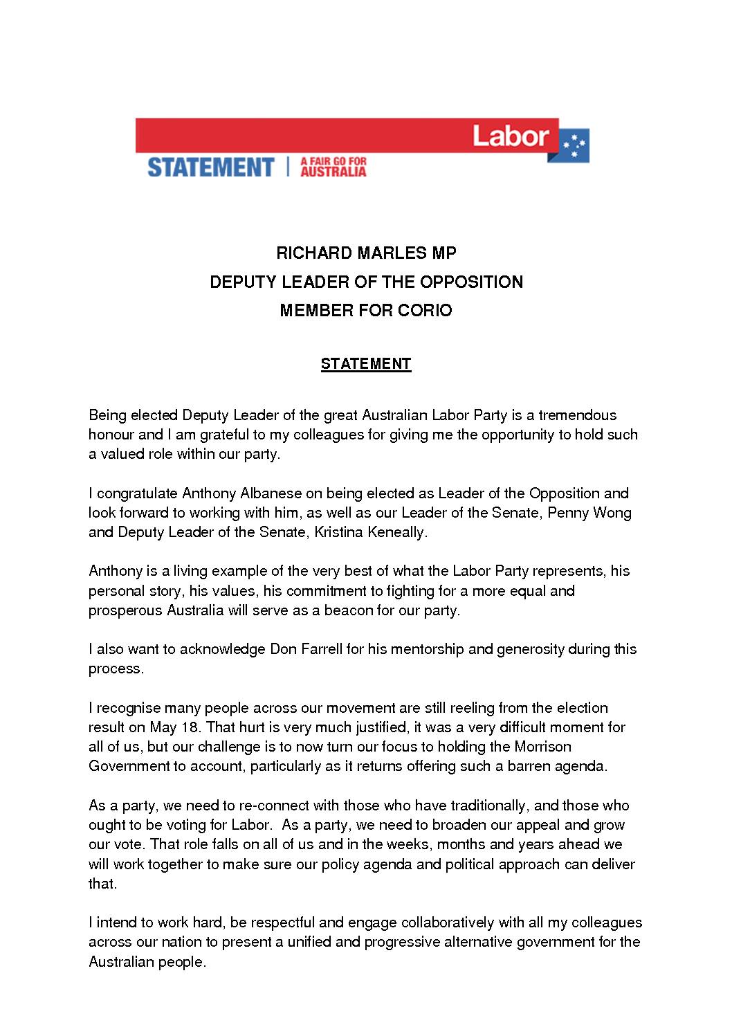 19.05.30 DEPUTY LEADER OF THE OPPOSITION – STATEMENT