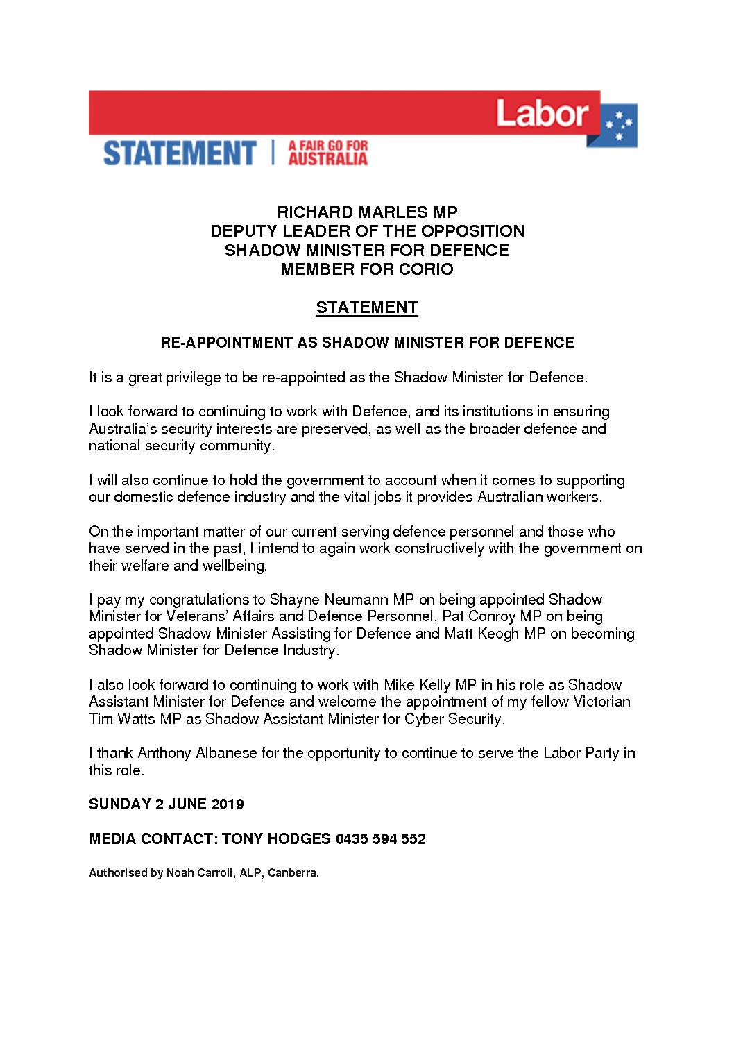 19.06.02 STATEMENT RICHARD MARLES MP