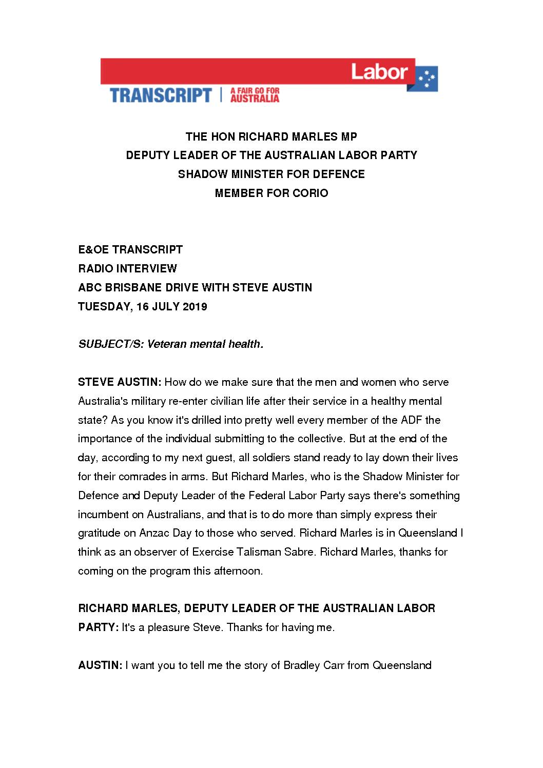 19.07.16 RADIO ABC BRISBANE WITH STEVE AUSTIN – TRANSCRIPT
