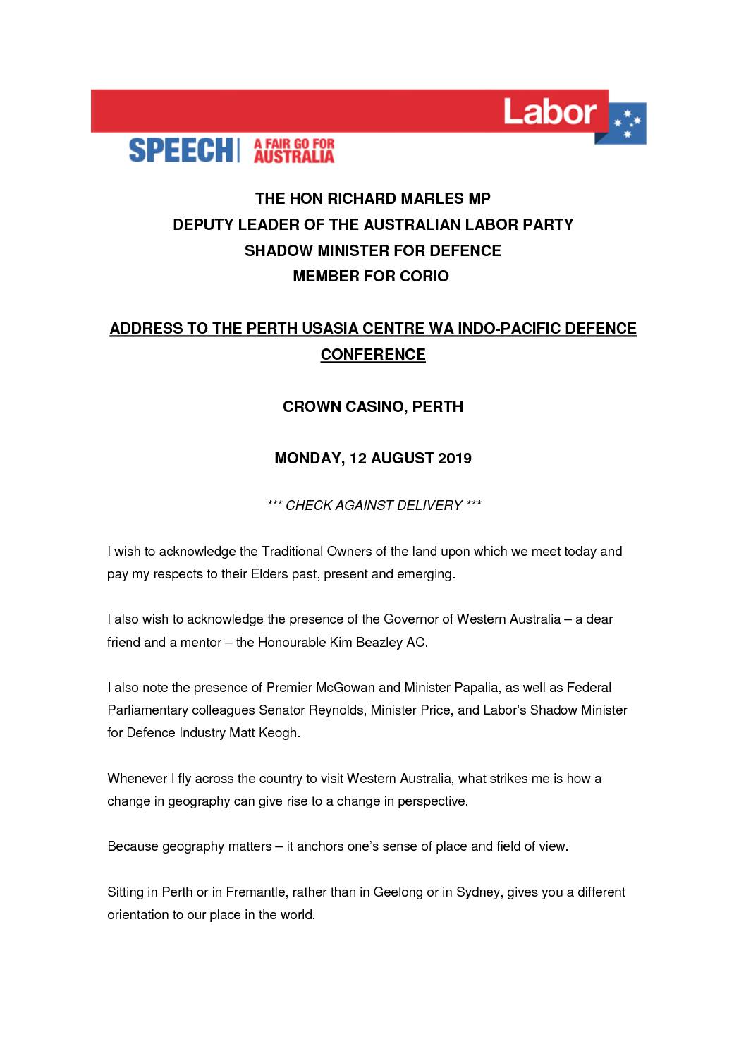 19.08.12 ADDRESS TO THE PERTH USASIA CENTRE WAS INDO-PACIFIC DEFENCE CONFERENCE