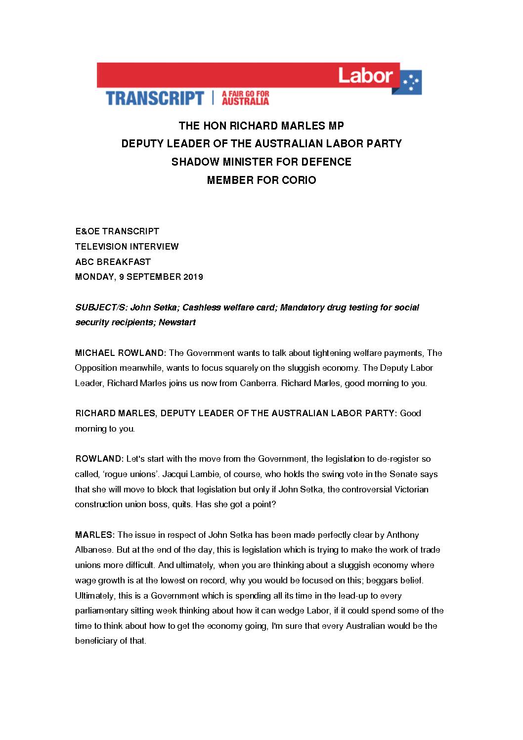 19.09.09 ABC NEWS BREAKFAST WITH MICHAEL ROWLAND – TRANSCRIPT