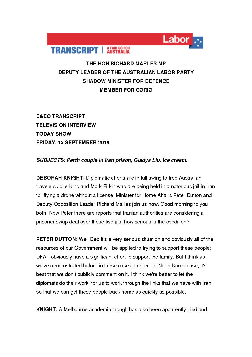 19.09.13 CHANNEL 9 THE TODAY SHOW – TRANSCRIPT