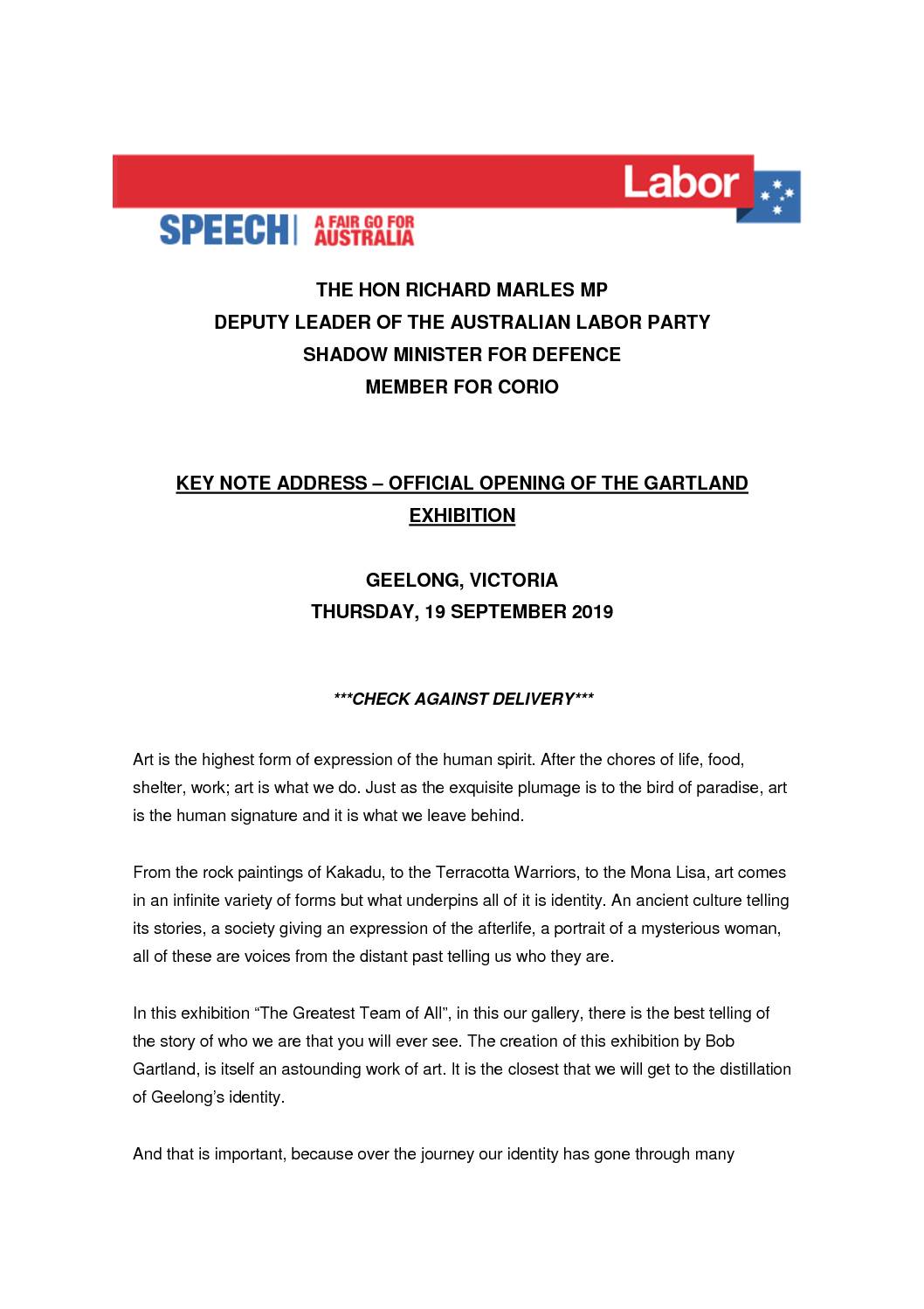 19.09.19 OFFICIAL OPENING OF THE GARTLAND EXHIBITION – KEY NOTE ADDRESS