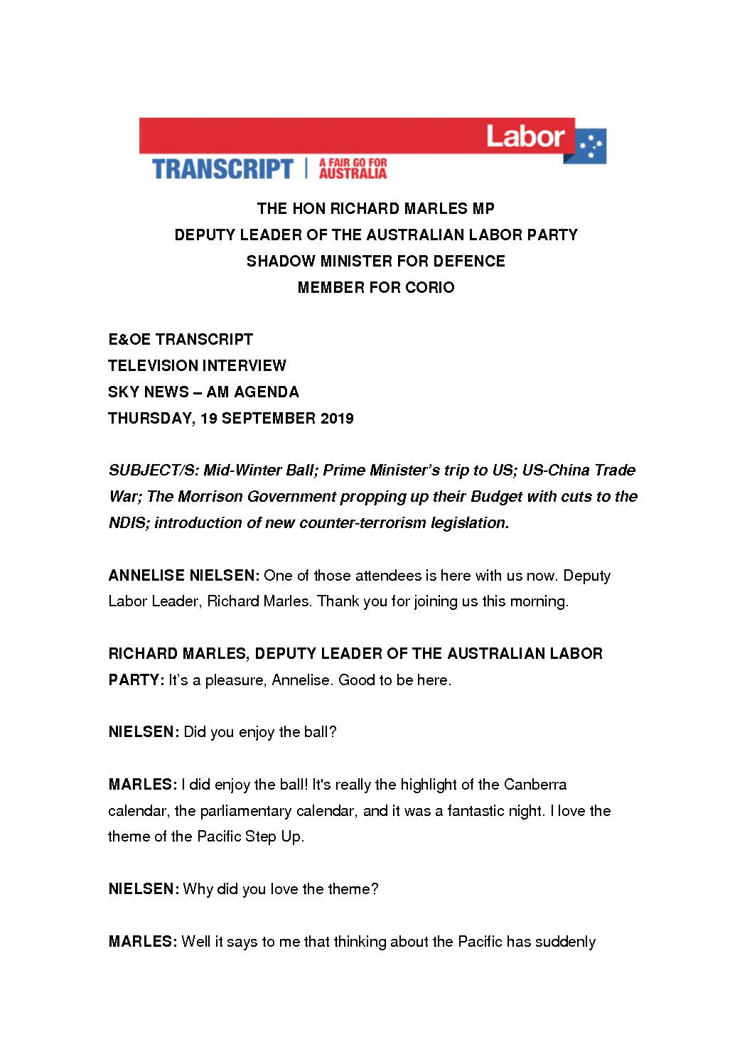 19.09.19 SKY NEWS – AM AGENDA – TRANSCRIPT