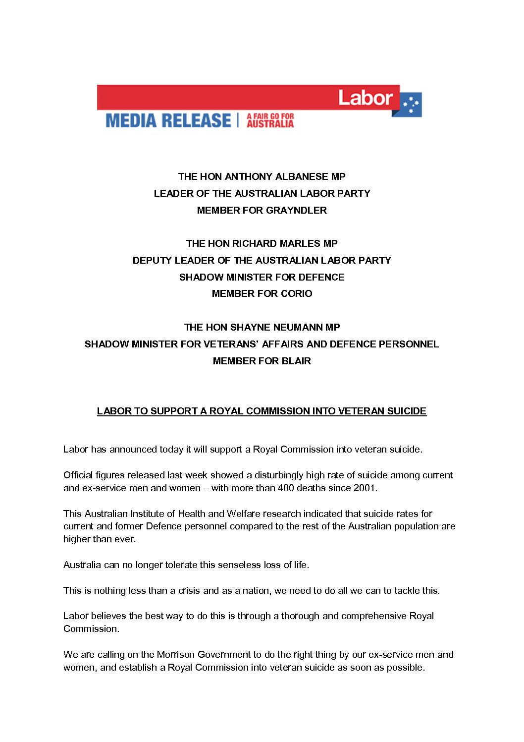 19.12.03 LABOR TO SUPPORT A ROYAL COMMISSION INTO VETERAN SUICIDE