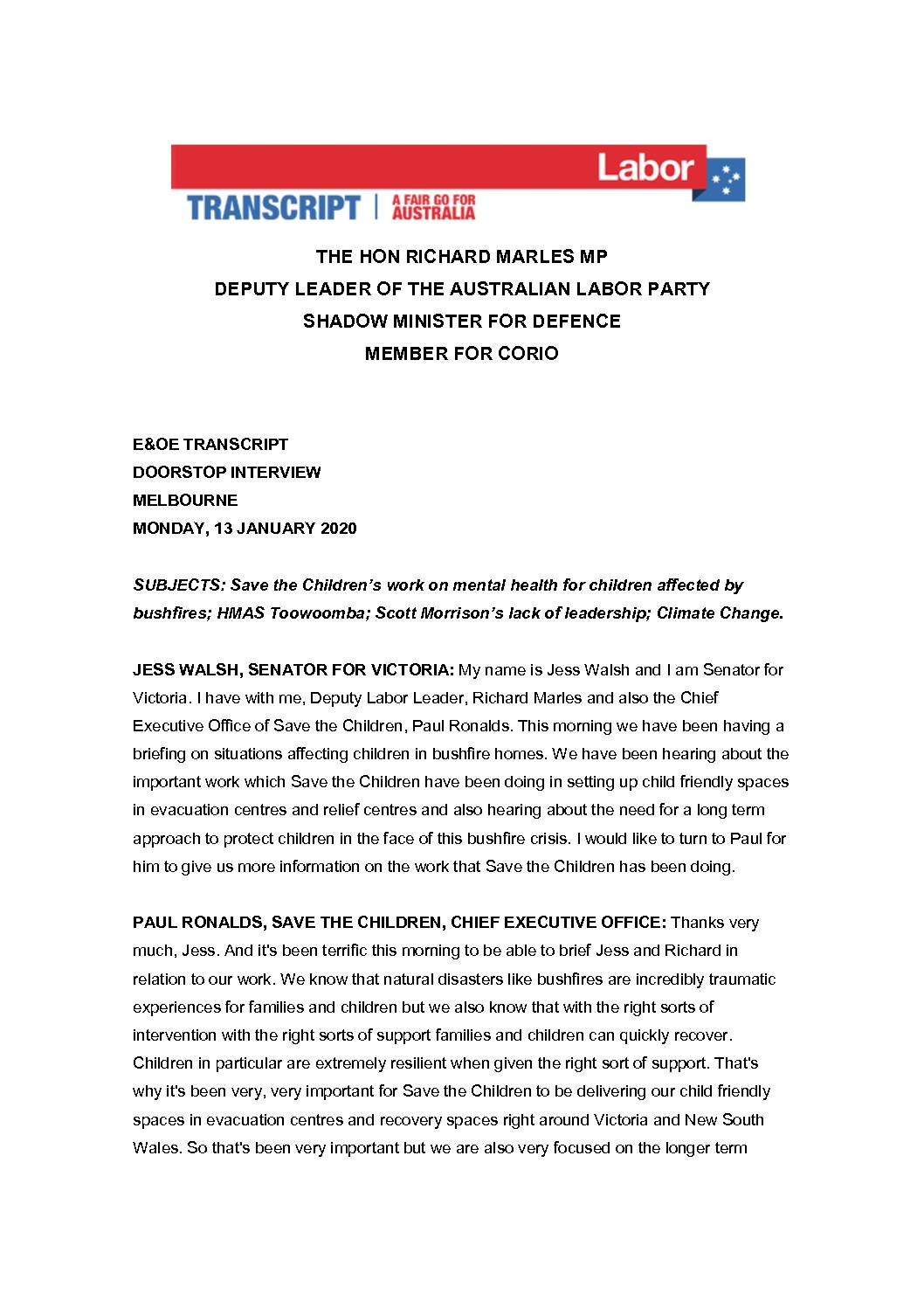 20.01.13 DOORSTOP MELBOURNE – TRANSCRIPT