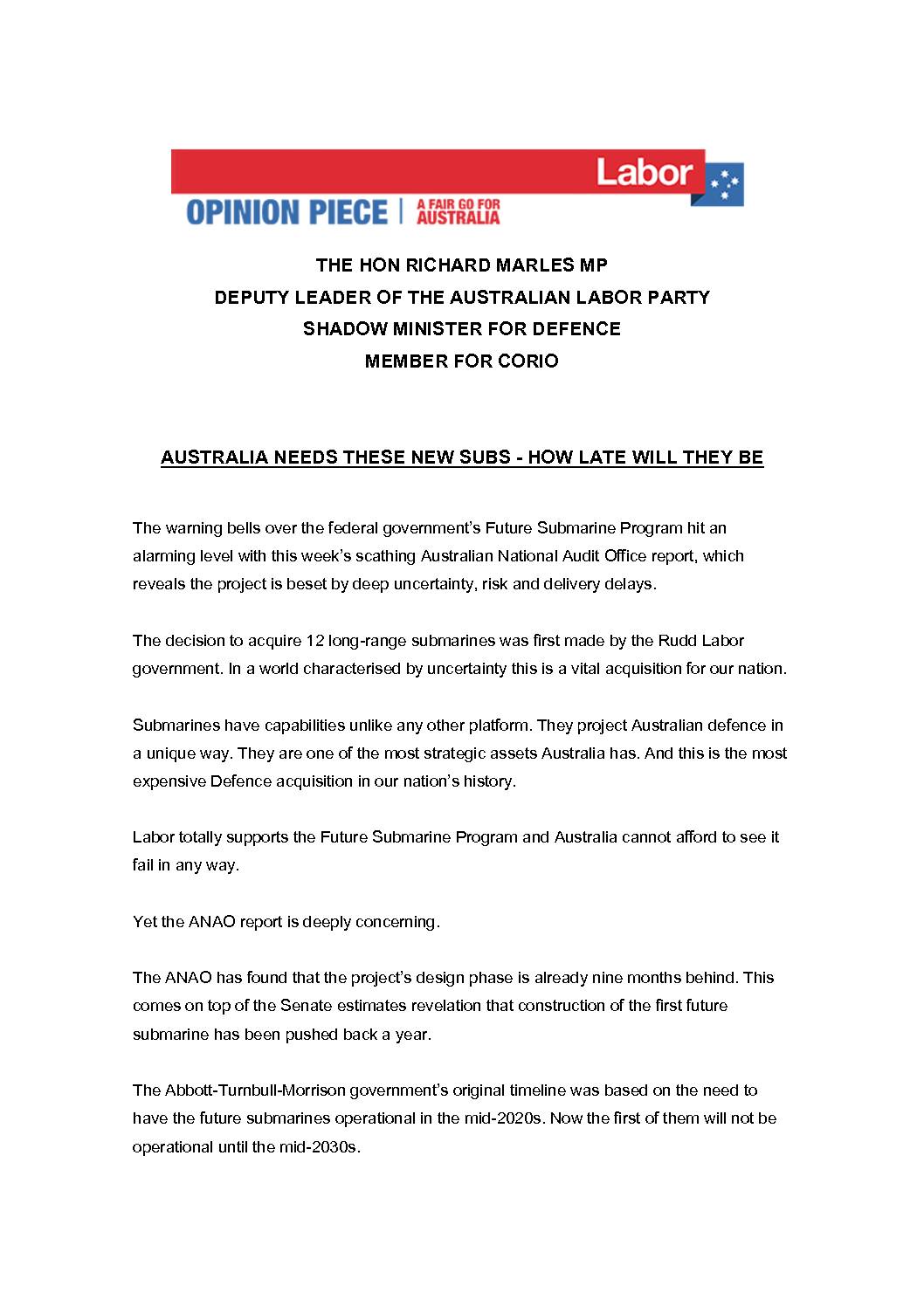 20.01.16 AUSTRALIA NEEDS THESE NEW SUBS – HOW LATE WILL THEY BE