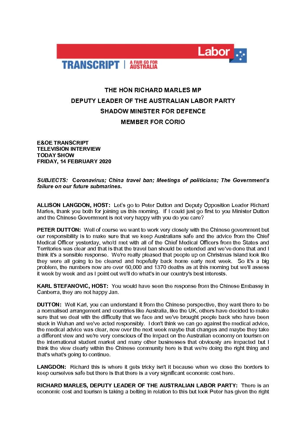 20.02.14 CHANNEL 9 THE TODAY SHOW – TRANSCRIPT