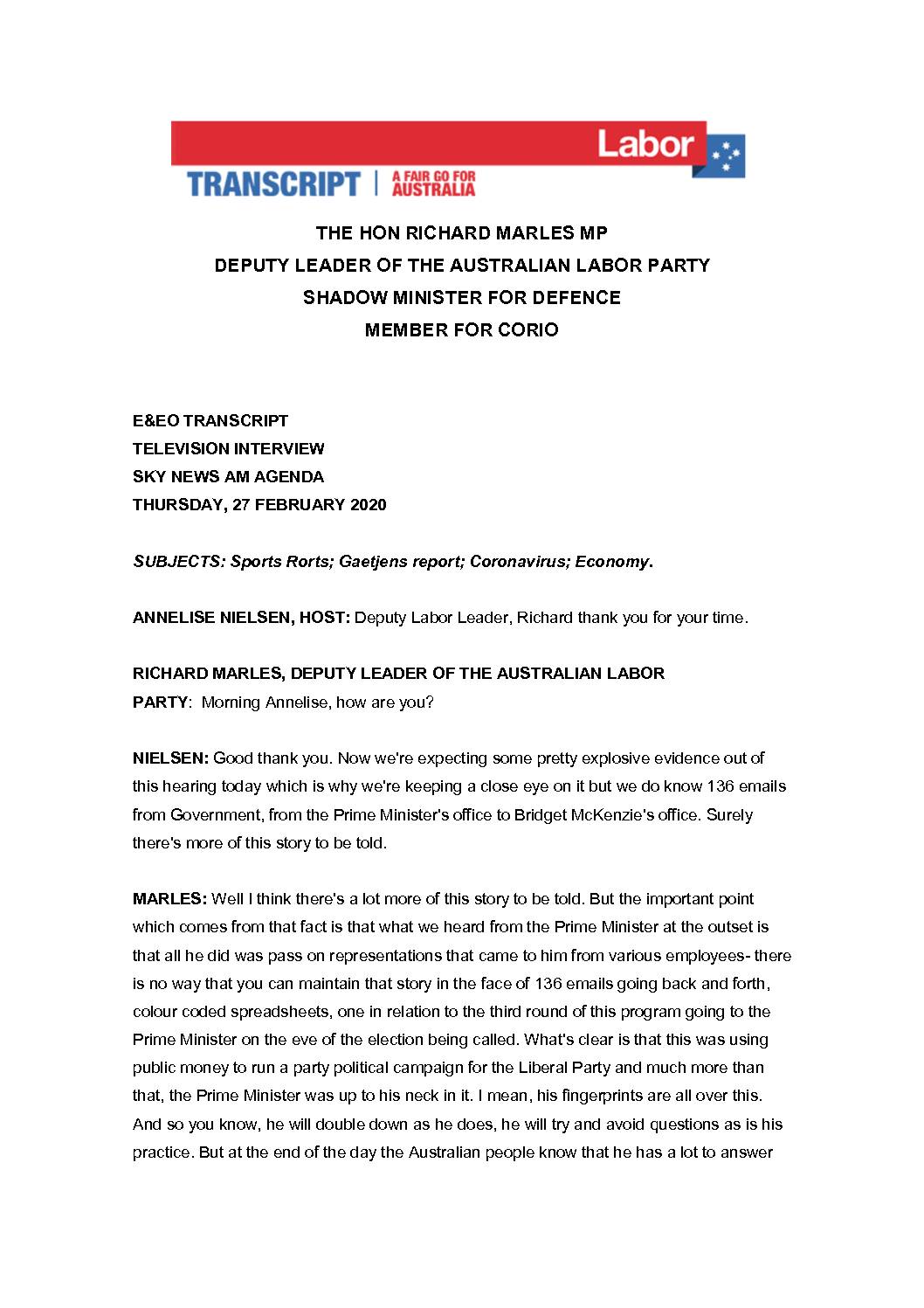 20.02.27 SKY NEWS AM AGENDA WITH ANNELISE NIELSON – TRANSCRIPT