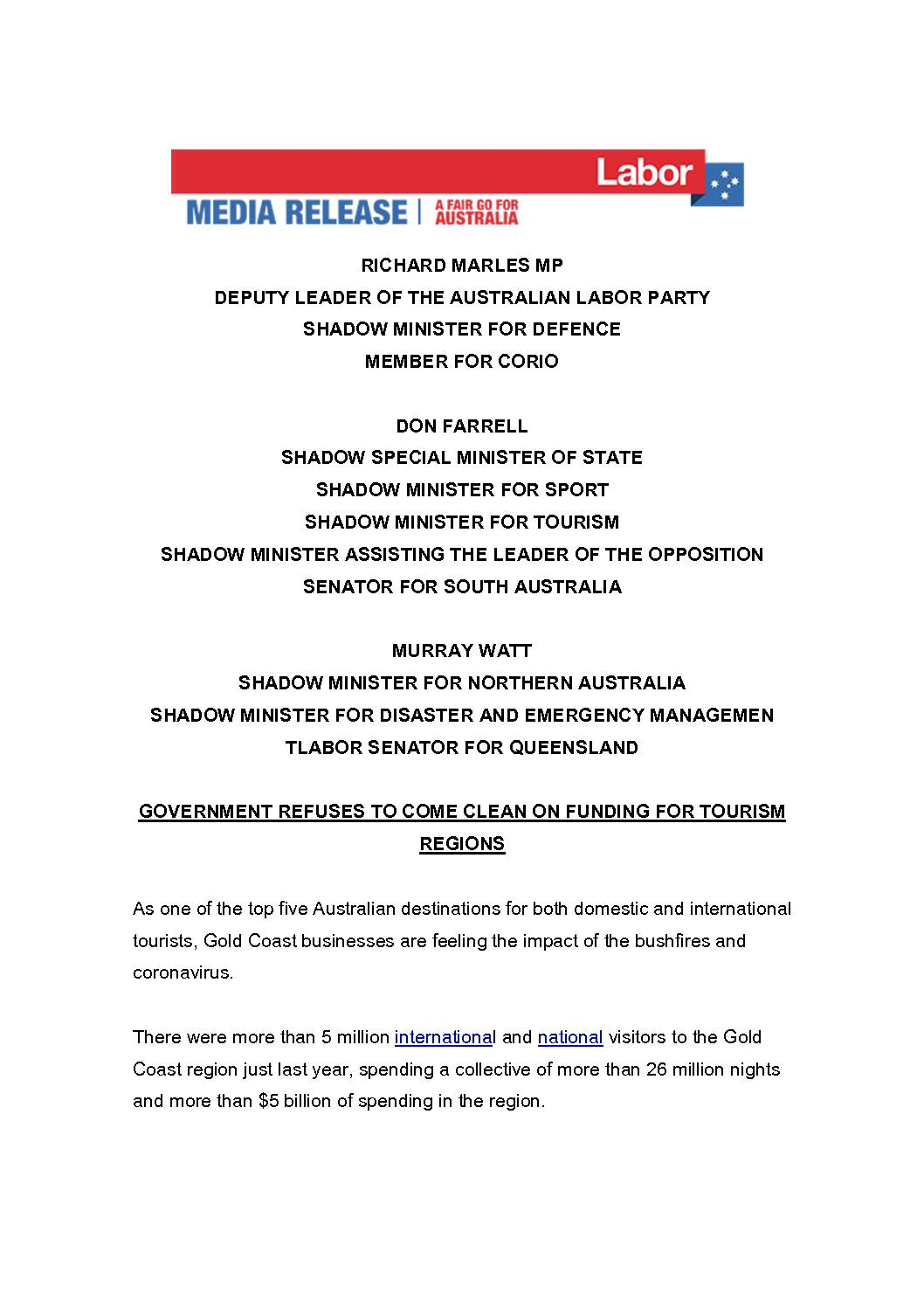 20.03.09 GOVERNMENT REFUSES TO COME CLEAN ON FUNDING FOR TOURISM REGIONS