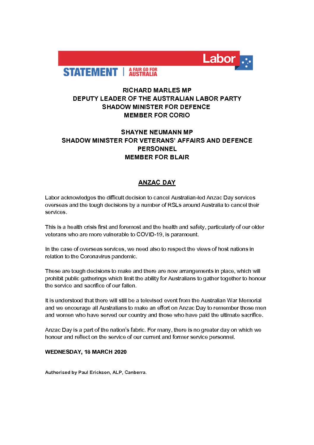 20.03.18 STATEMENT REGARDING ANZAC DAY