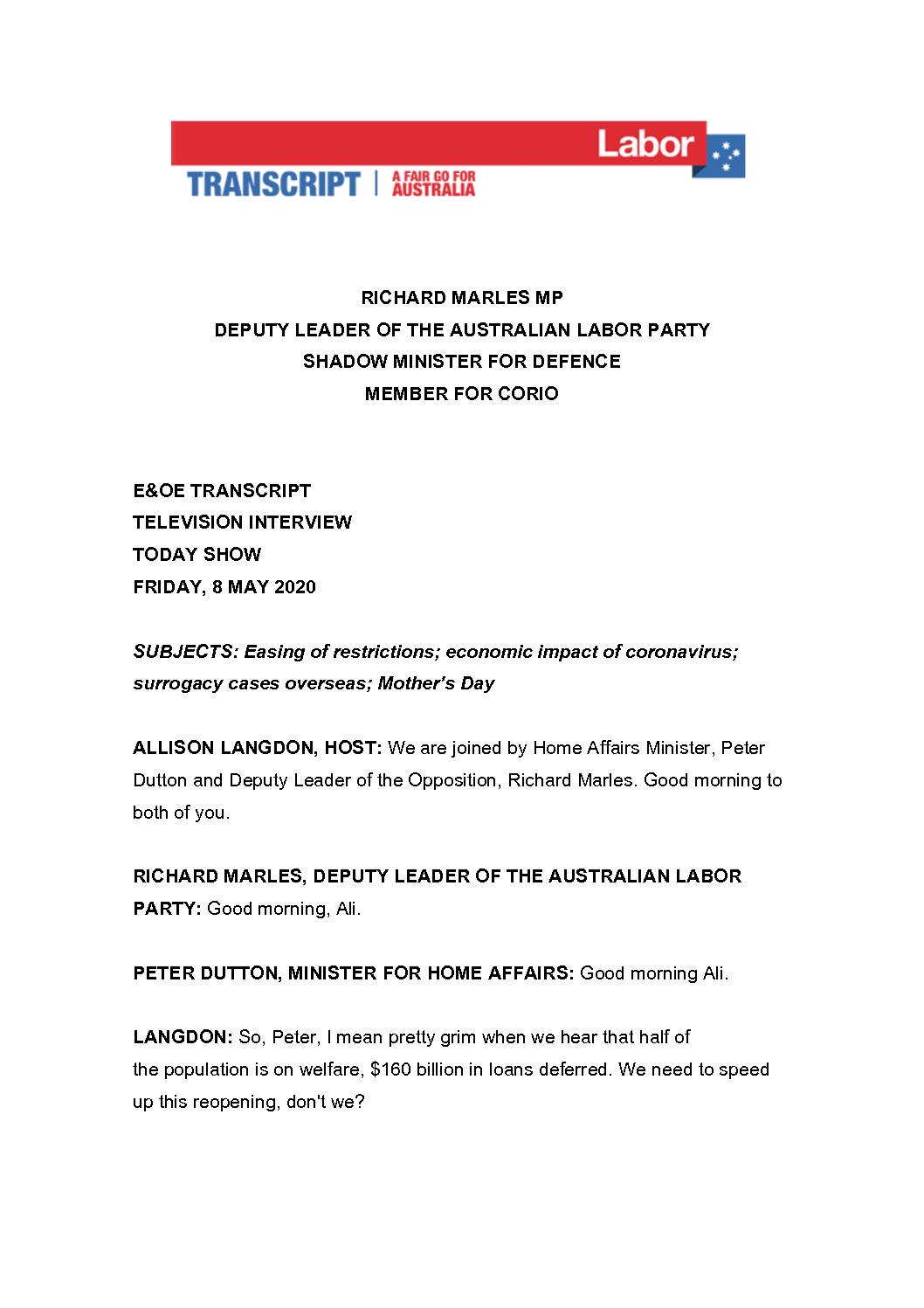 20.05.08-CHANNEL-9-THE-TODAY-SHOW-TRANSCRIPT