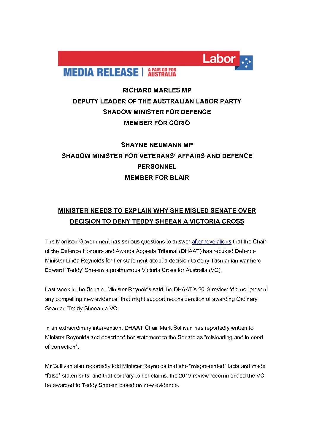 20.05.19-MINISTER-NEEDS-TO-EXPLAIN-WHY-SHE-MISLED-SENATE-OVER-DECISION-TO-DENY-TEDDY-SHEEAN-A-VICTORIA-CROSS