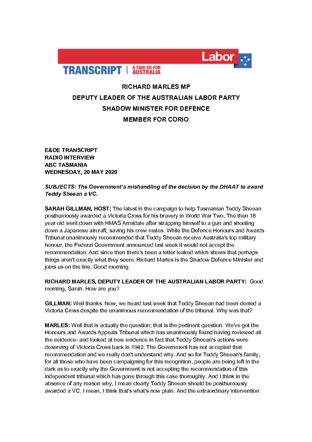 20.05.20-RADIO-ABC-TASMANIA-WITH-SARAH-GILLMAN-TRANSCRIPT