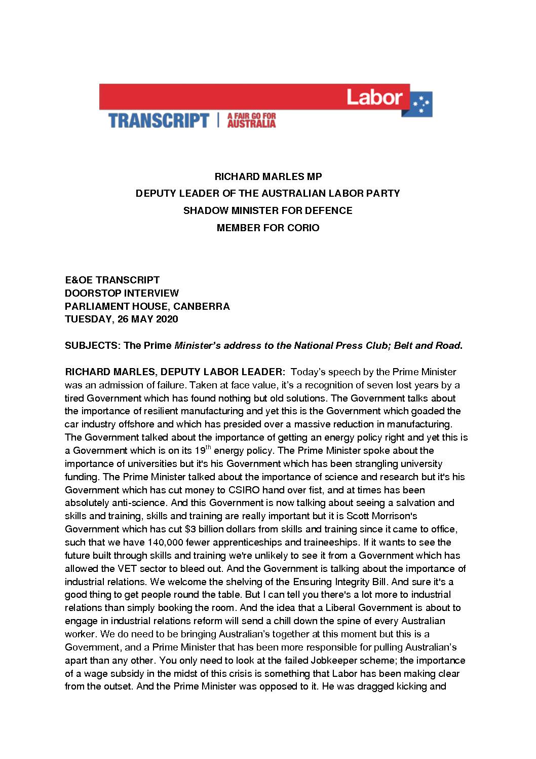 20.05.26-DOORSTOP-INTERVIEW-PARLIAMENT-HOUSE-CANBERRA-TRANSCRIPT