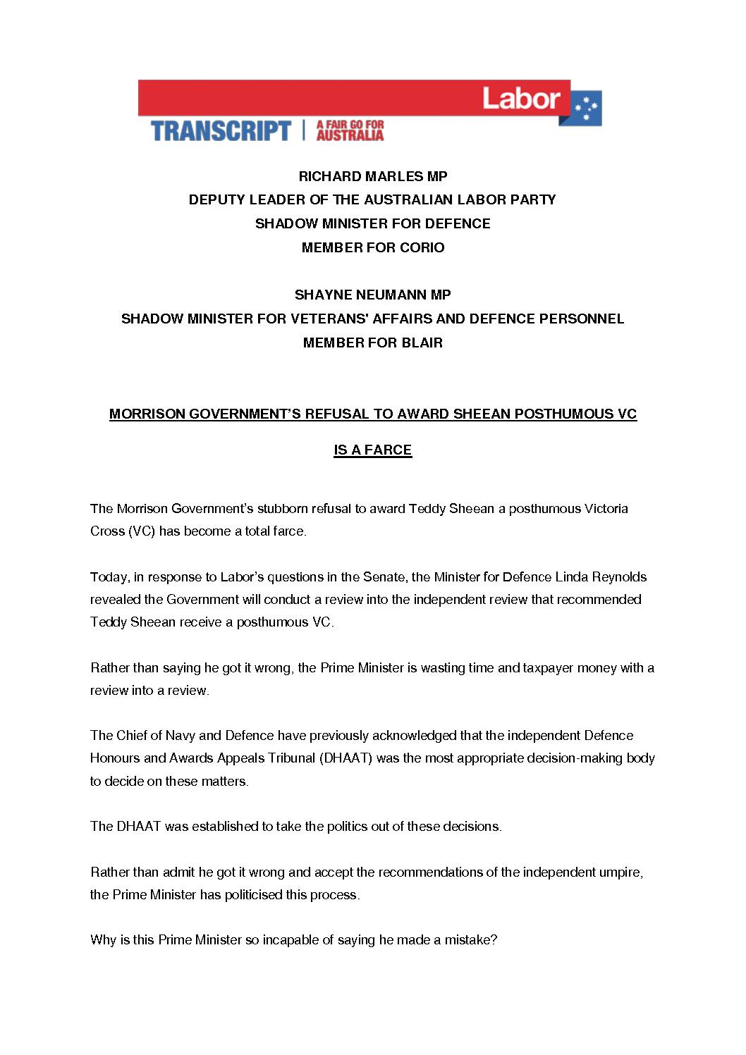 20.06.11-MORRISON-GOVERNMENTS-REFUSAL-TO-AWARD-SHEEAN-POSTHUMOUS-VC-IS-A-FARCE-TRANSCRIPT