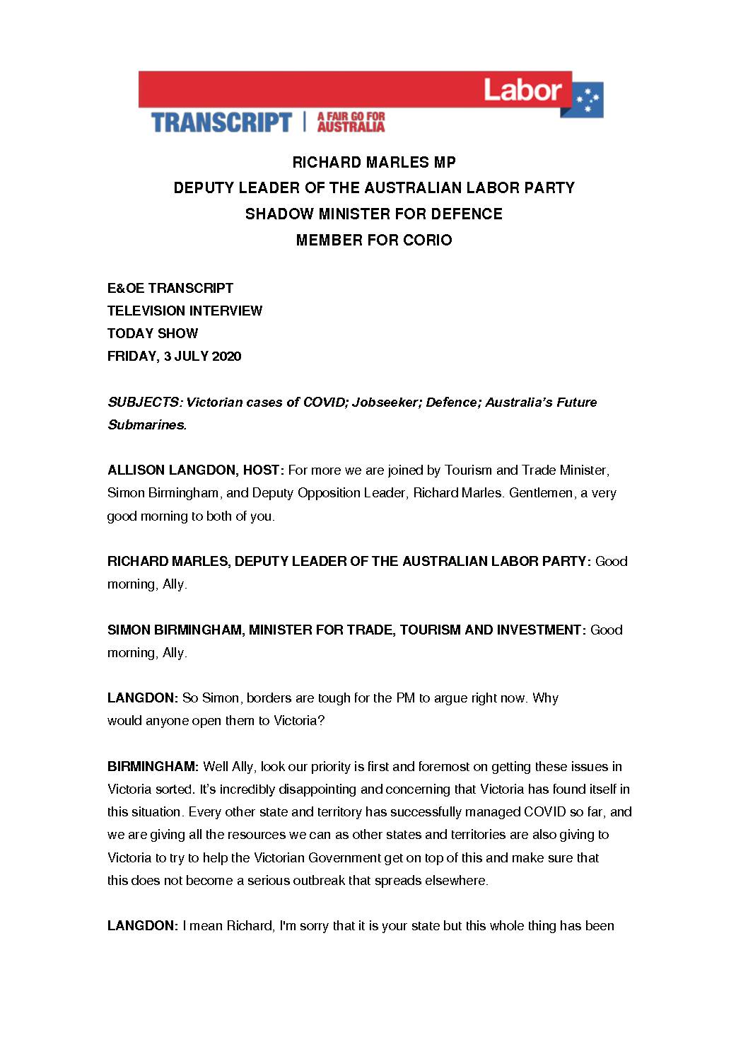 20.07.03-CHANNEL-9-THE-TODAY-SHOW-TRANSCRIPT