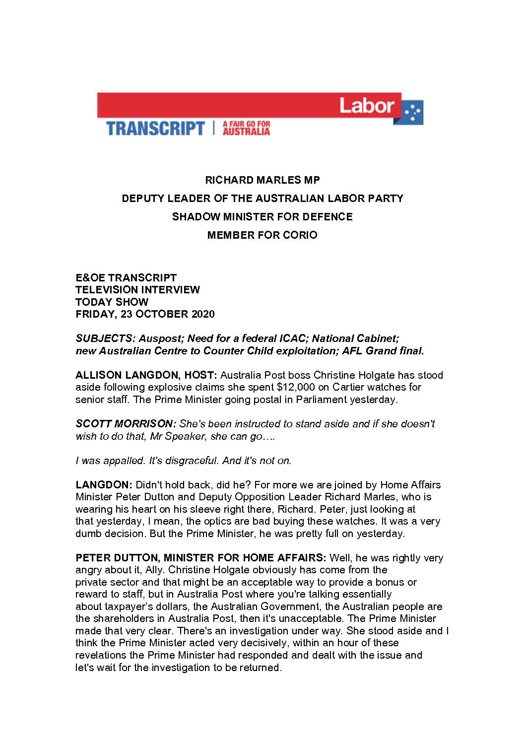 20.10.23-CHANNEL-9-THE-TODAY-SHOW-TRANSCRIPT