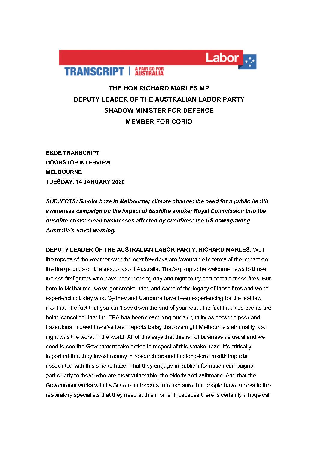 30.01.14 DOORSTOP MELBOURNE – TRANSCRIPT